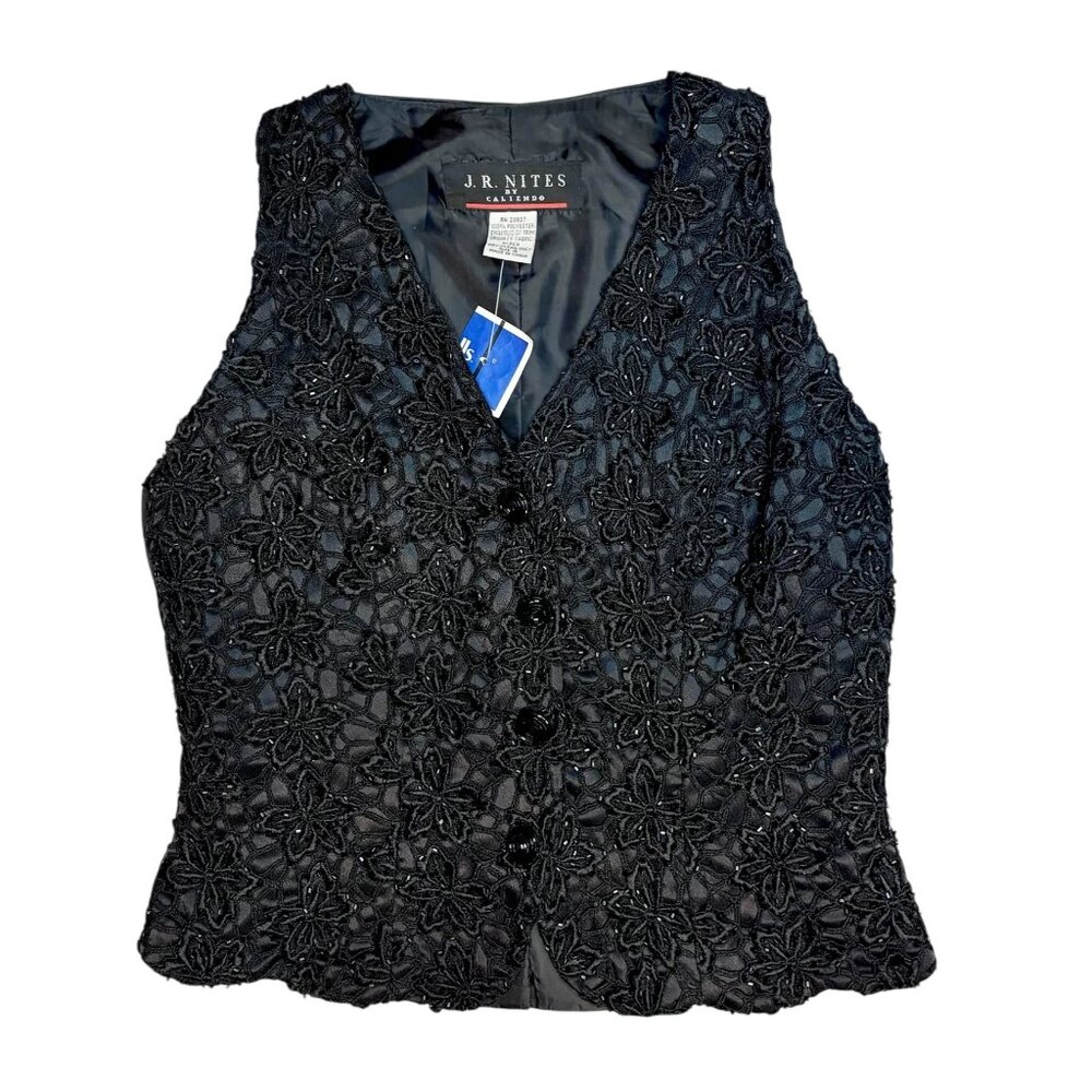 Vintage J.R. Nites Black Beaded Floral Lace Vest – Size 4